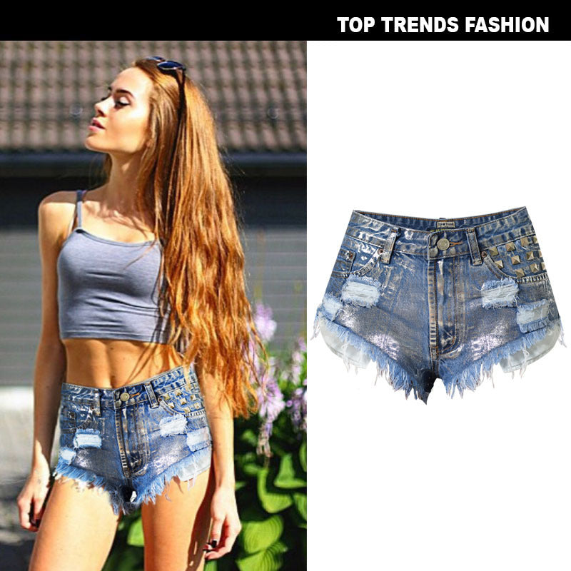 Pantalones cortos vaqueros ajustados de cintura alta con remaches