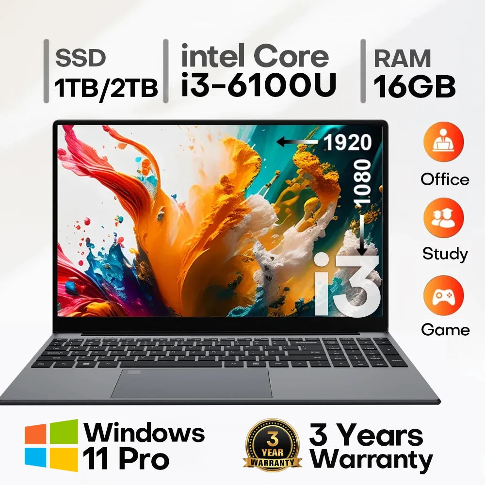 Computadora portátil Erilles de 15.6" con Intel Core i3 6100U, Windows 11, 16 GB