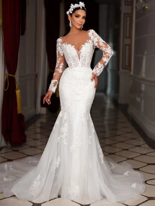 Vestido de novia estilo sirena, estilo bohemio, con escote redondo