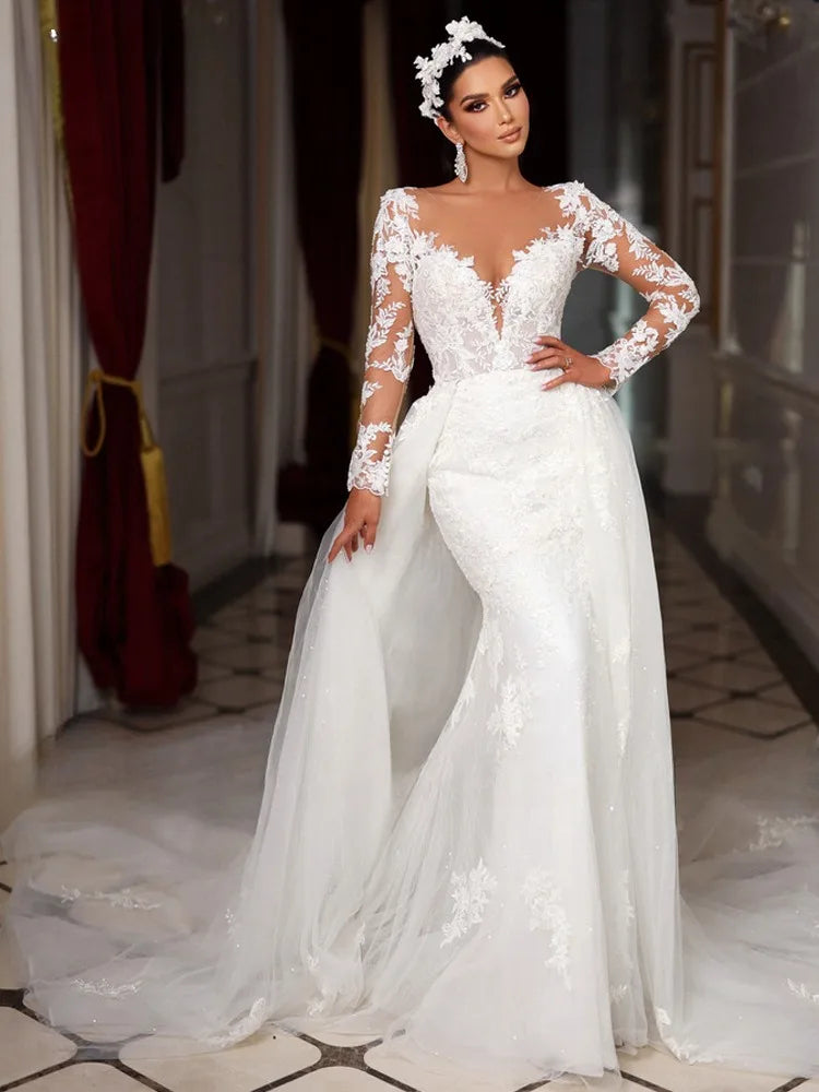 Vestido de novia estilo sirena, estilo bohemio, con escote redondo
