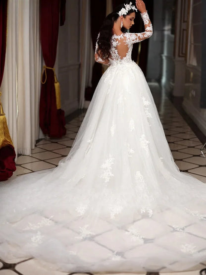 Vestido de novia estilo sirena, estilo bohemio, con escote redondo