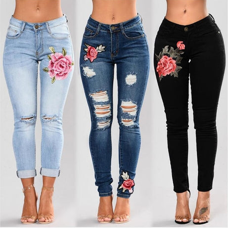 Vaqueros elásticos bordados para mujer
