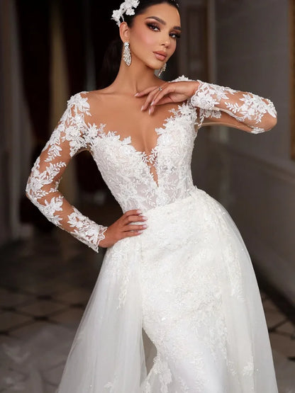 Vestido de novia estilo sirena, estilo bohemio, con escote redondo