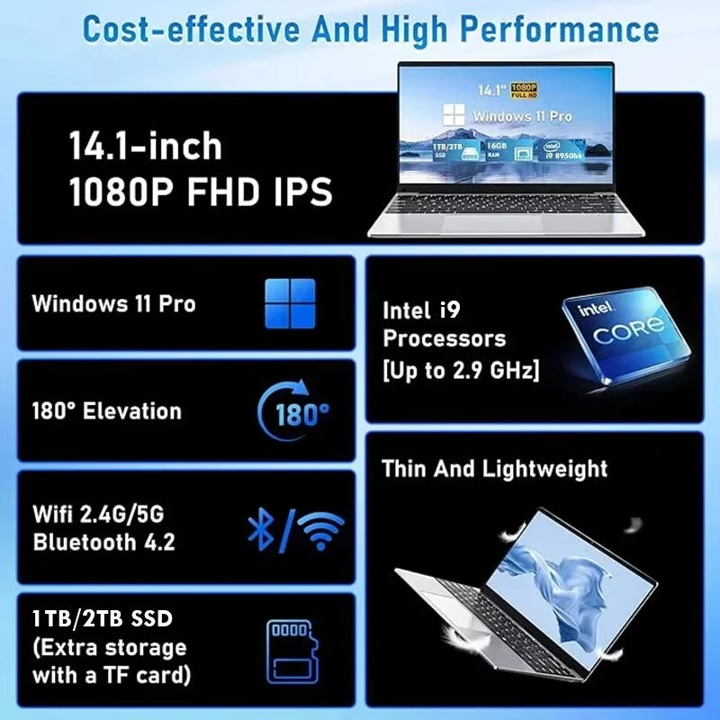 Computadora portátil para juegos de 14.1" con Windows 11 Pro i9, 16 GB