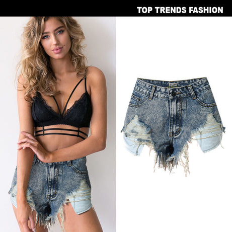 Pantalones cortos vaqueros nostálgicos con flecos y bolsillos irregulares