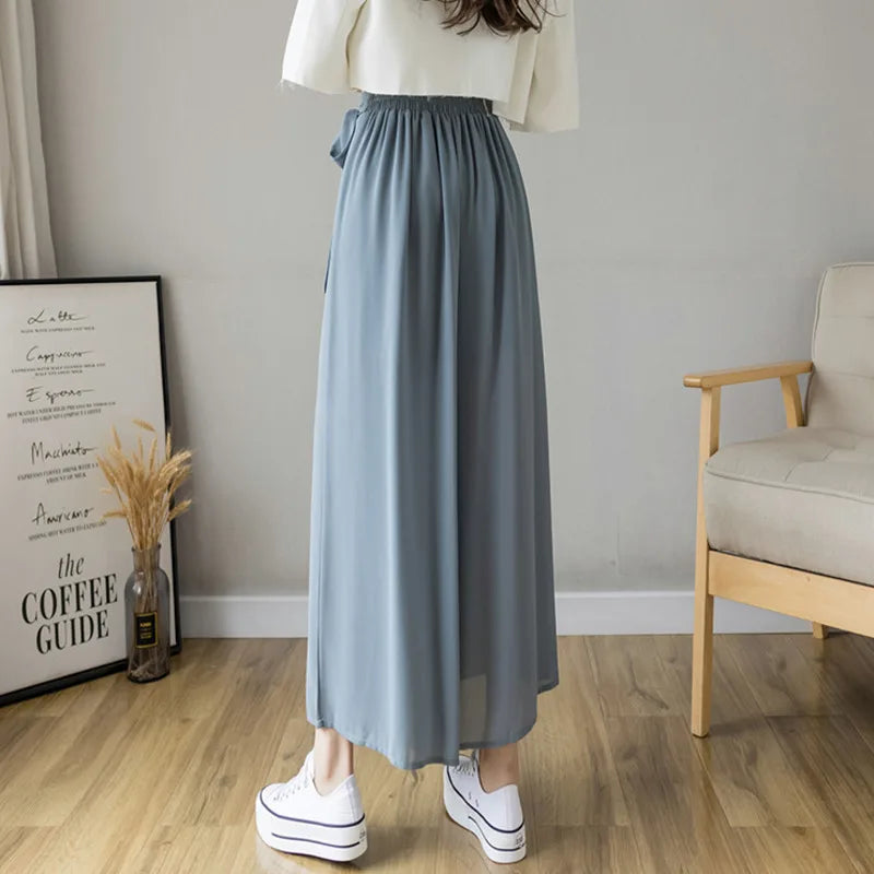 Pantalones plisados de gasa para mujer, estilo coreano, de cintura alta