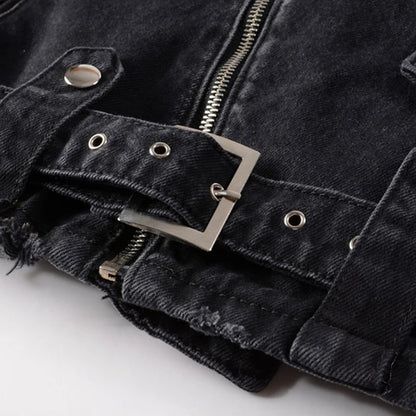 Chaqueta vaquera de motociclista negra con cremallera para hombre