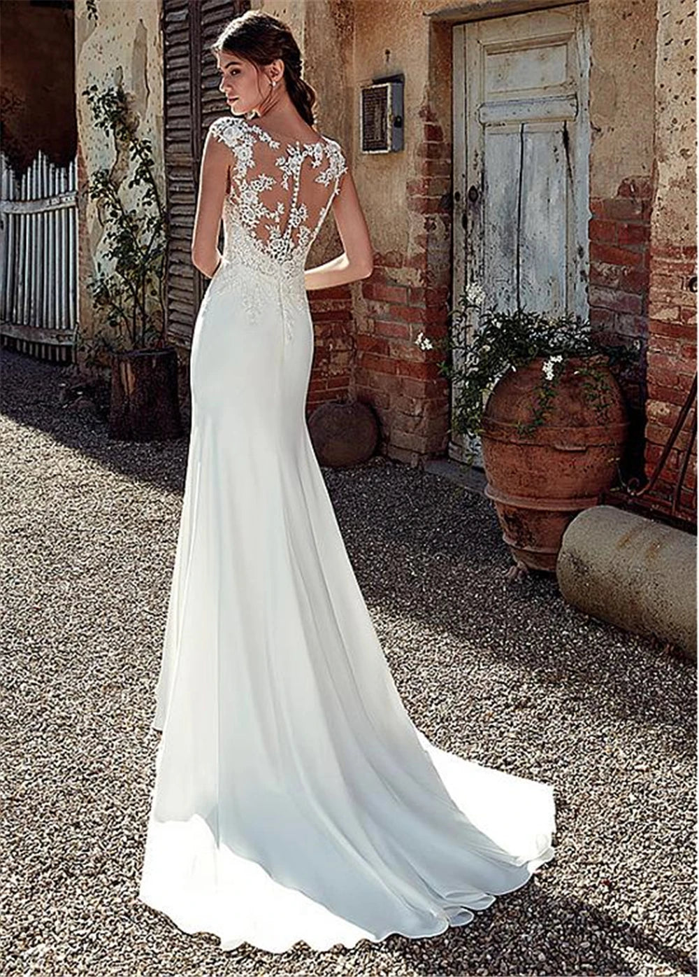 Vestido de novia bohemio sexy, ilusión, sin mangas, escote redondo