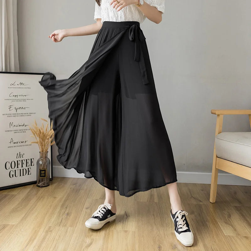 Pantalones plisados de gasa para mujer, estilo coreano, de cintura alta