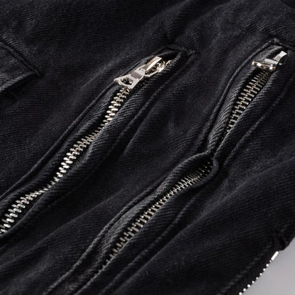 Chaqueta vaquera de motociclista negra con cremallera para hombre