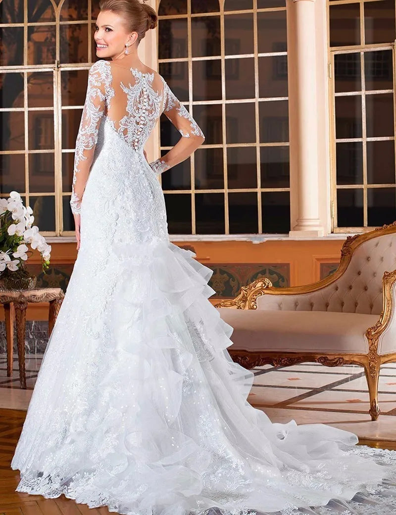 Vestidos de novia 2020 con ilusión de cuello transparente, apliques de encaje