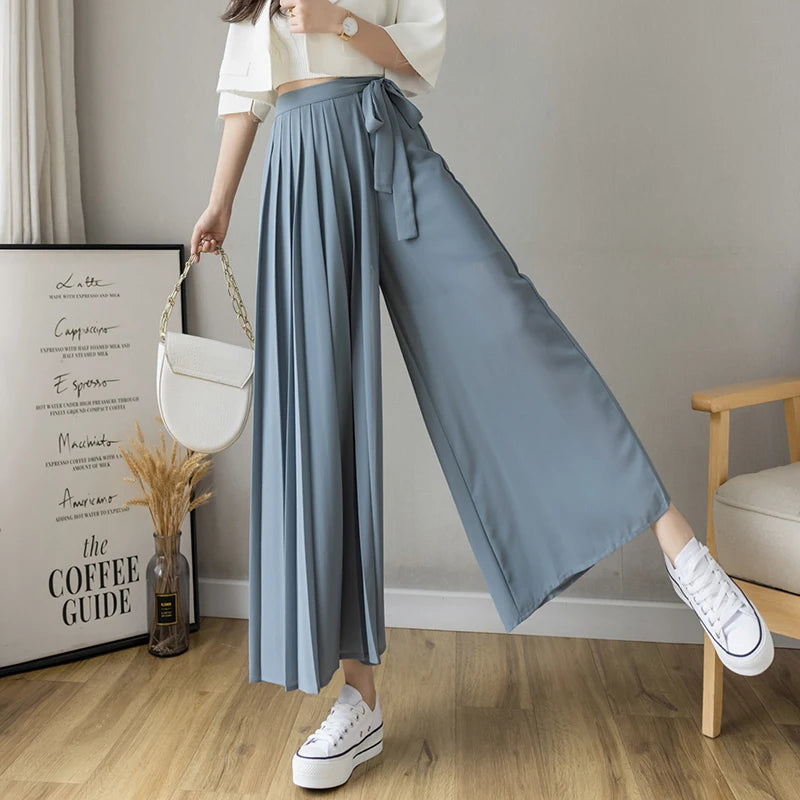 Pantalones plisados de gasa para mujer, estilo coreano, de cintura alta