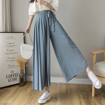 Pantalones plisados de gasa para mujer, estilo coreano, de cintura alta