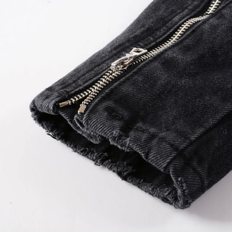 Chaqueta vaquera de motociclista negra con cremallera para hombre