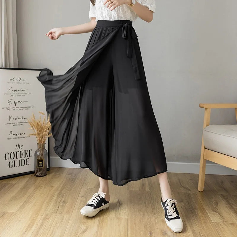 Pantalones plisados de gasa para mujer, estilo coreano, de cintura alta