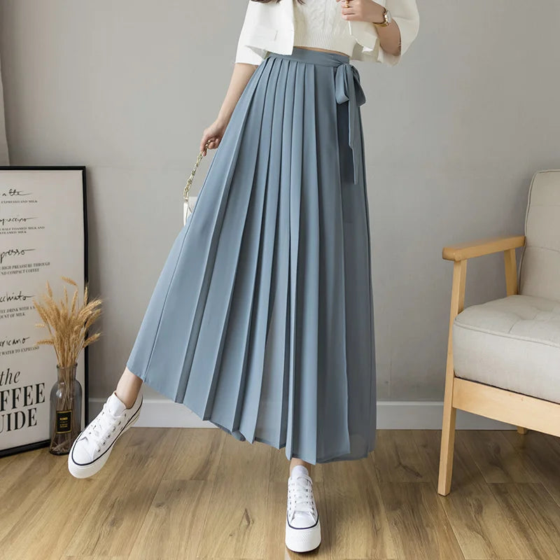 Pantalones plisados de gasa para mujer, estilo coreano, de cintura alta