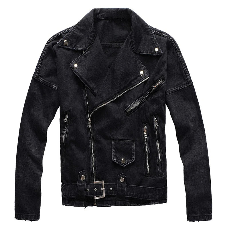 Chaqueta vaquera de motociclista negra con cremallera para hombre