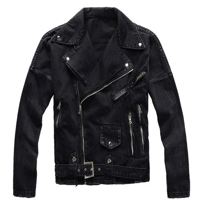 Chaqueta vaquera de motociclista negra con cremallera para hombre
