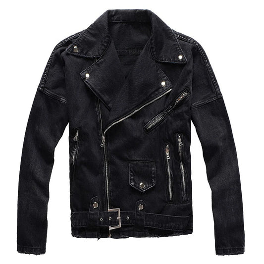 Chaqueta vaquera de motociclista negra con cremallera para hombre