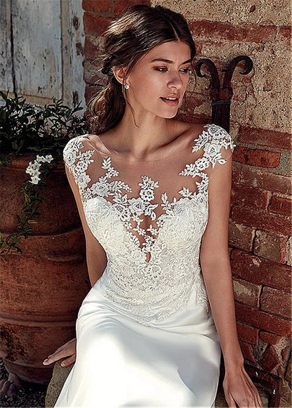 Vestido de novia bohemio sexy, ilusión, sin mangas, escote redondo