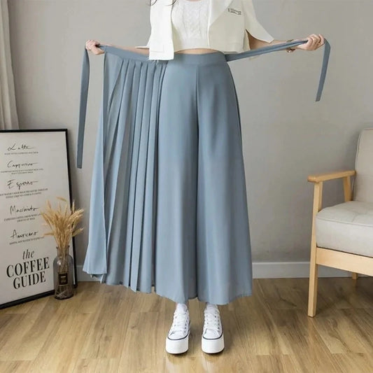 Pantalones plisados de gasa para mujer, estilo coreano, de cintura alta