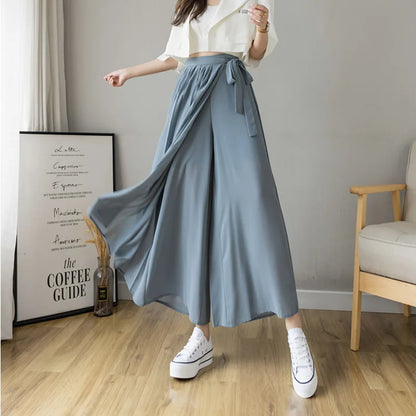 Pantalones plisados de gasa para mujer, estilo coreano, de cintura alta