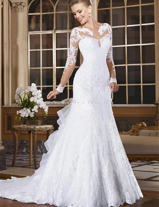 Vestidos de novia 2020 con ilusión de cuello transparente, apliques de encaje