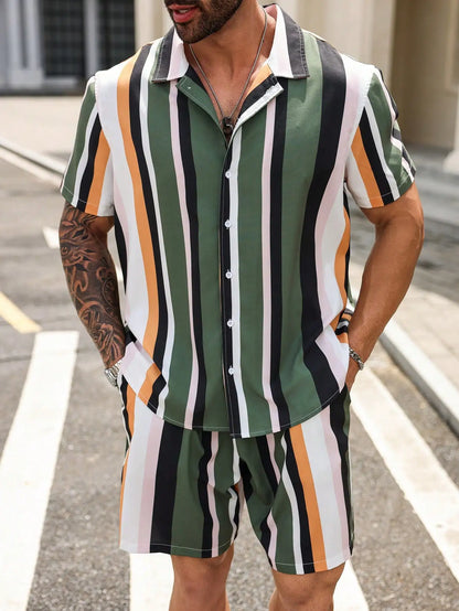 Conjunto de verano a rayas con estampado 3D para hombre,