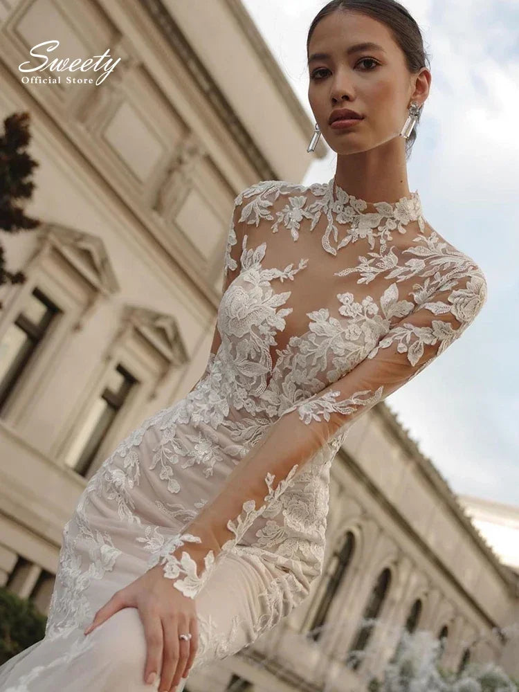 Vestido de novia de sirena con cuello alto, elegante vestido de organza