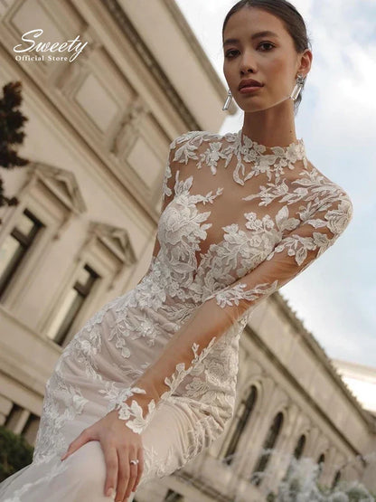 Vestido de novia de sirena con cuello alto, elegante vestido de organza