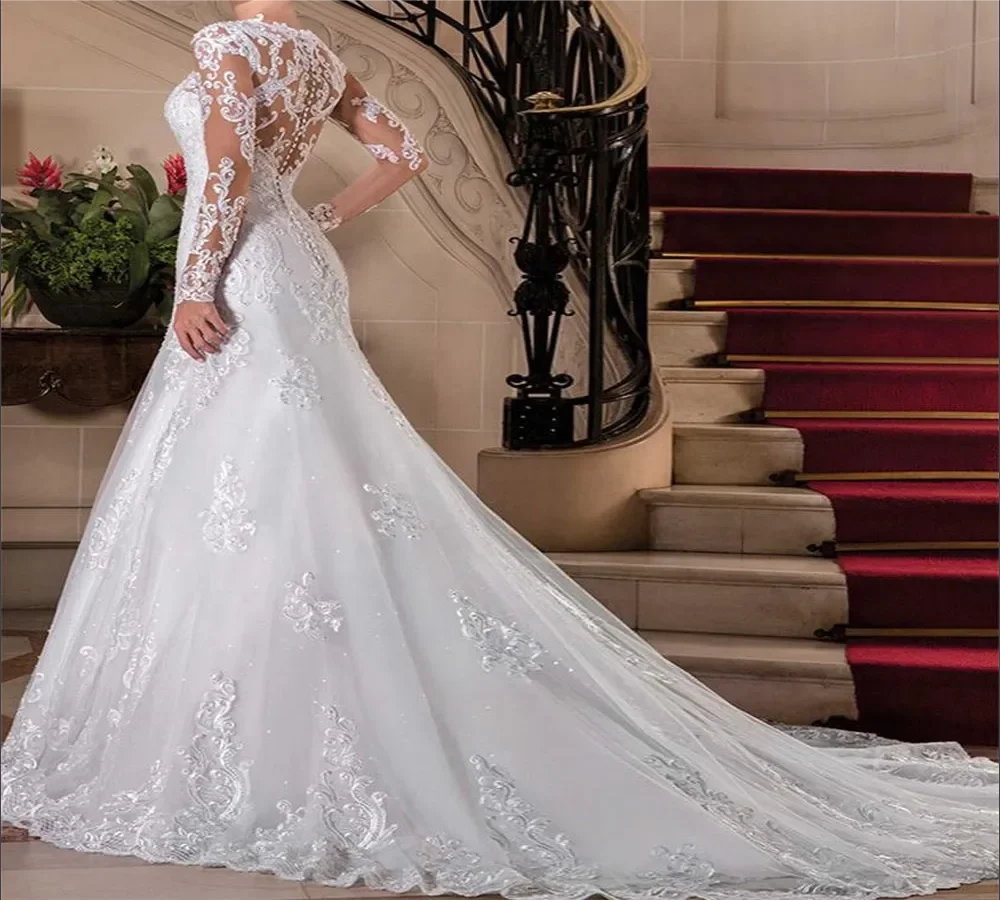 Vestido de novia personalizado elegante de sirena con mangas largas