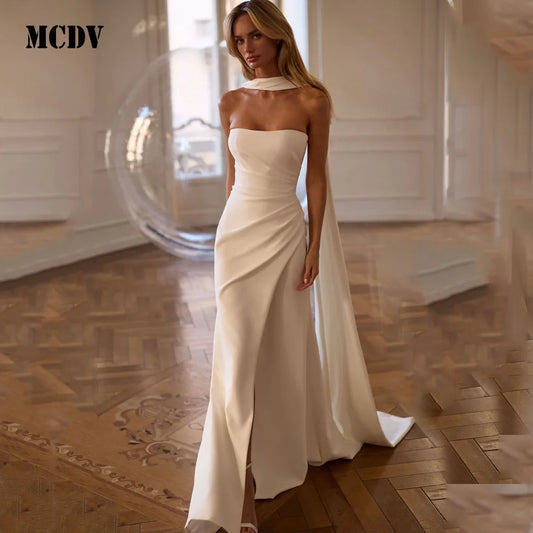 Elegante vestido de novia de satén plisado, sin tirantes, corte sirena