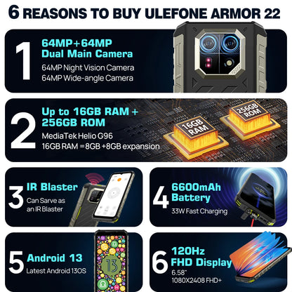 Ulefone Armor 22 Android 13, 16 GB (8+8 GB de RAM), 128 GB/256 GB de ROM