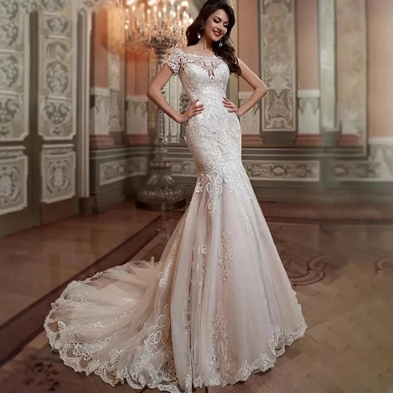 Vestido de novia sirena personalizado 2025, mangas cortas