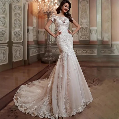 Vestido de novia sirena personalizado 2025, mangas cortas