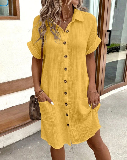 Vestido retro de algodón y lino con estampado de escote en V y manga larga