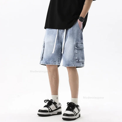 Pantalones vaqueros cortos cargo de verano para hombre, con bolsillos