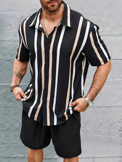 Conjunto de verano a rayas con estampado 3D para hombre,