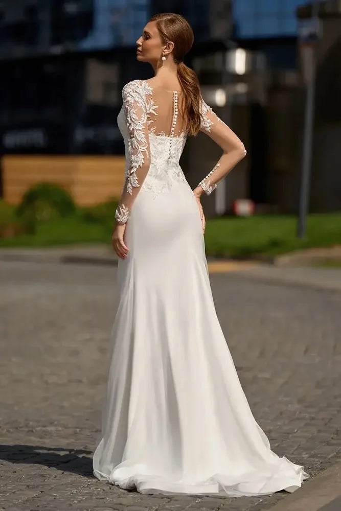 Vestido de novia con escote en V, apliques de encaje, playa, manga larga