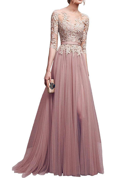 Vestido de noche largo de encaje azul marino y rosa nude, elegante