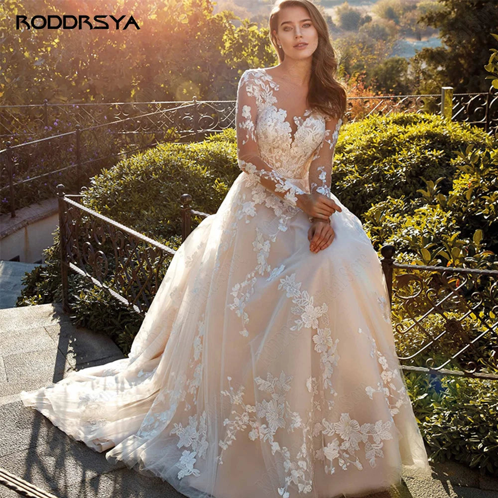 Vestido de novia personalizado elegante de encaje línea A mangas largas