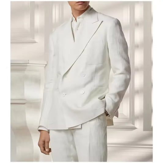 Traje de boda para hombre de lino blanco de 2 piezas, frac, solapa cruzada