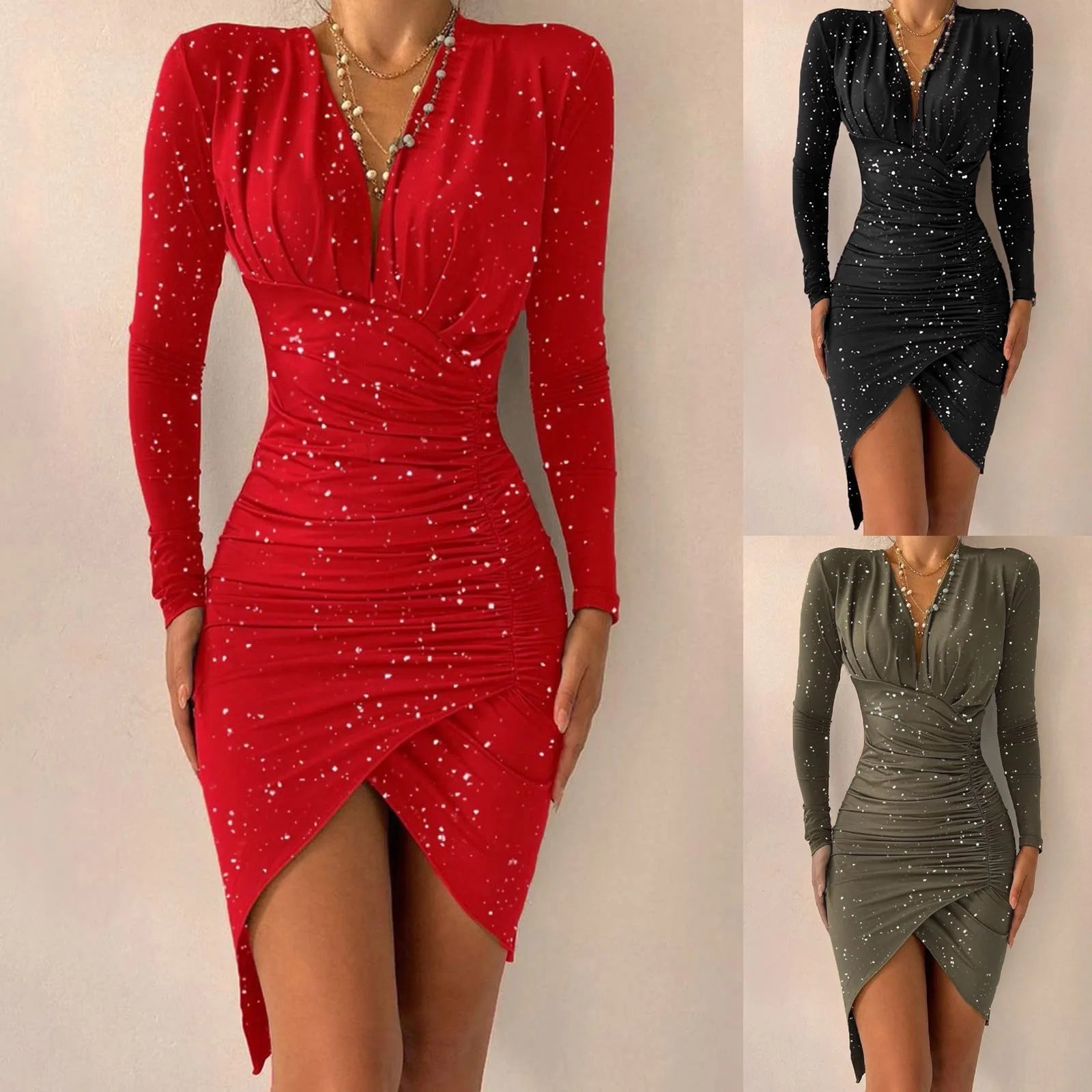 Vestido de mujer con escote en V, manga larga, formal