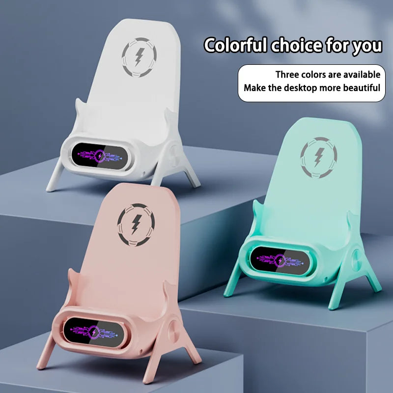 Mini silla con cargador inalámbrico, soporte estable para teléfono