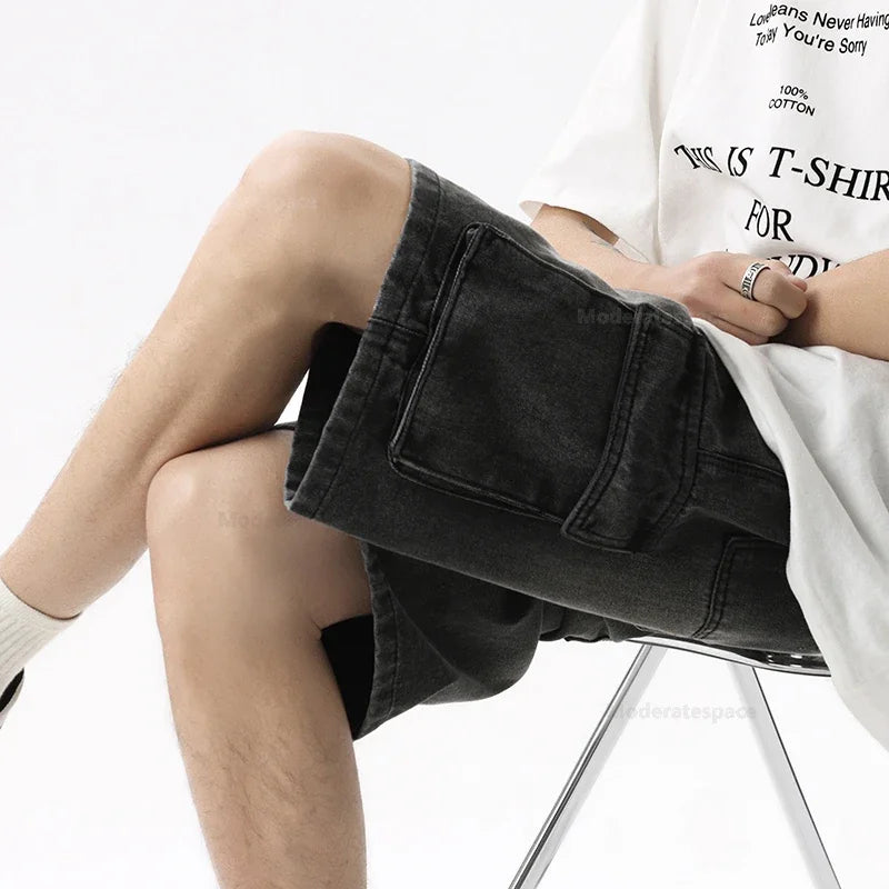 Pantalones vaqueros cortos cargo de verano para hombre, con bolsillos