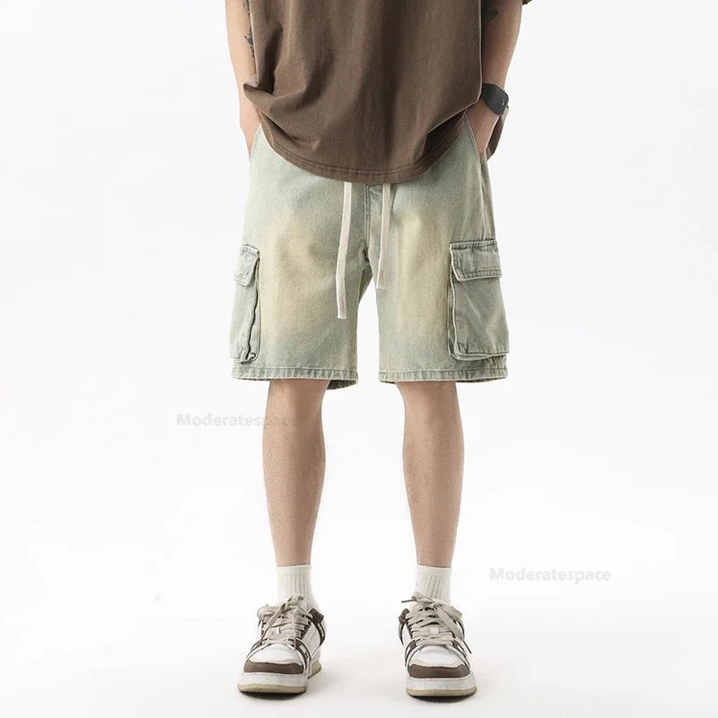 Pantalones vaqueros cortos cargo de verano para hombre, con bolsillos