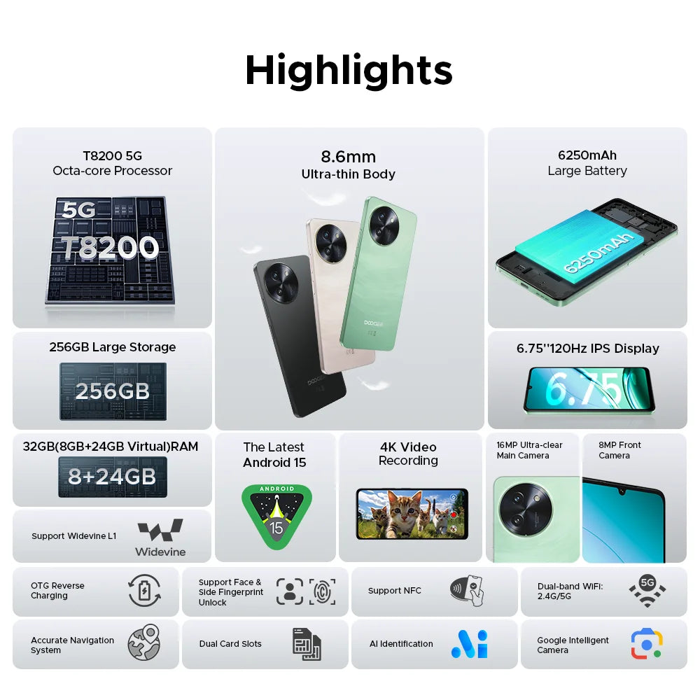 Doogee Note59 Pro Android 15 5g Smartphone 6.75"" Hd+ Mobile Phone 8Gb