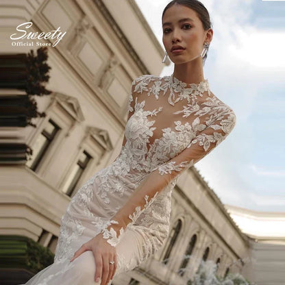 Vestido de novia de sirena con cuello alto, elegante vestido de organza