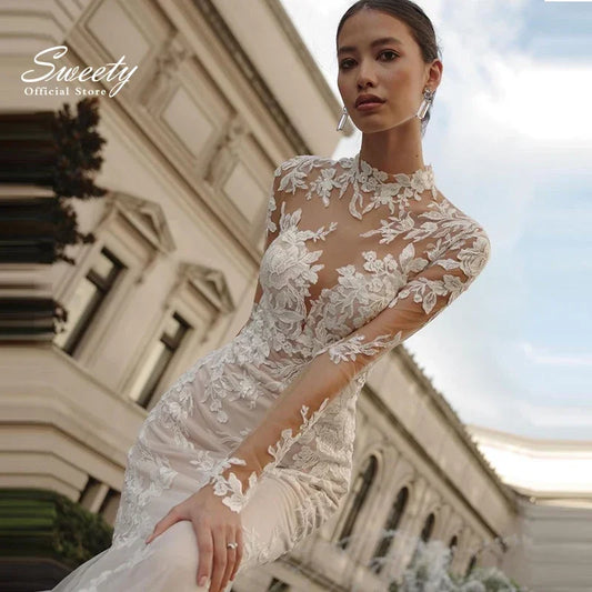 Vestido de novia de sirena con cuello alto, elegante vestido de organza