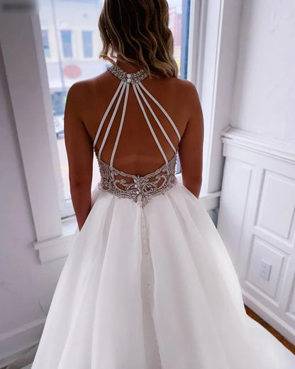 Vestidos de novia bohemios de organza con cuello alto y cristales para mujer